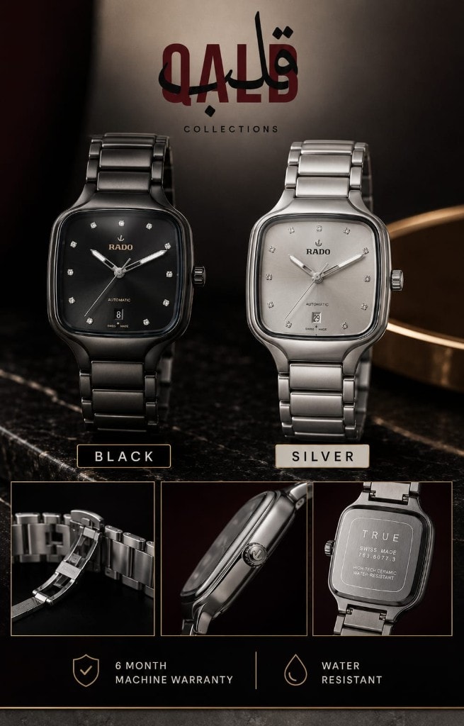 Rado True ceramic watches in black and silver on a dark marble surface