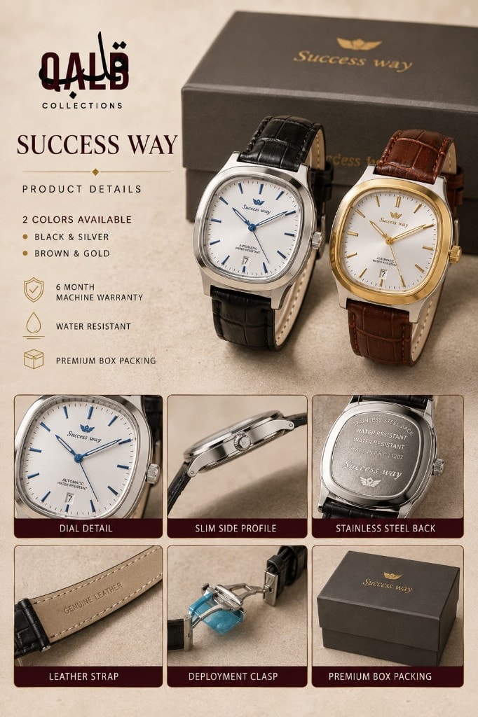 Success Way details — dial, slim profile, stainless back, leather strap, clasp and box