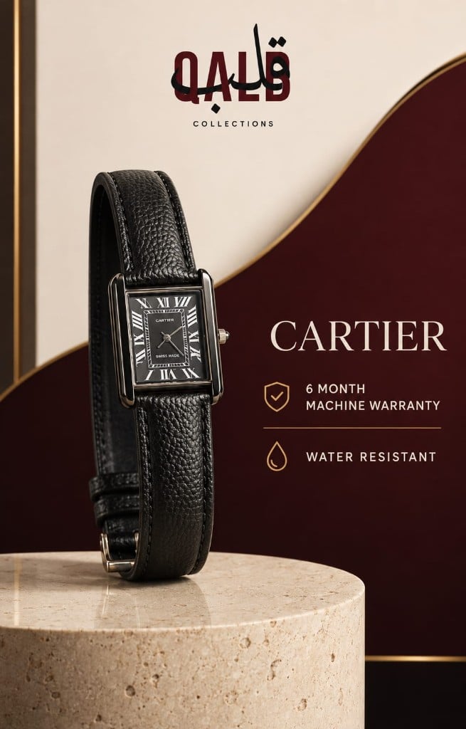 Cartier Tank dress watch on a cream stone plinth