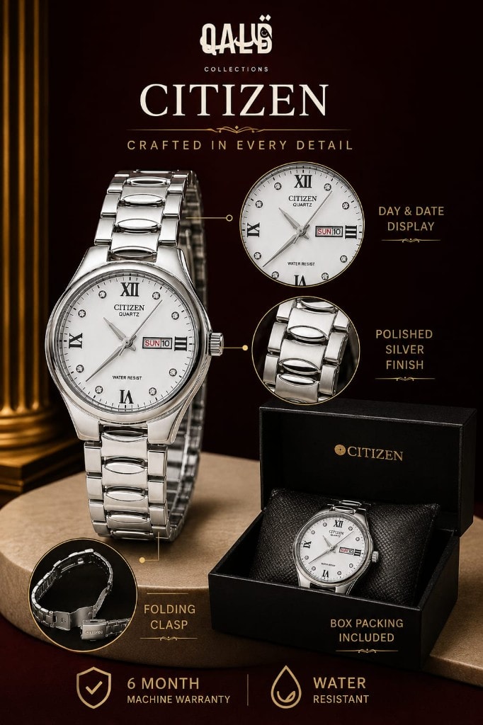 Citizen steel day-date details — day-date display, polished bracelet and folding clasp